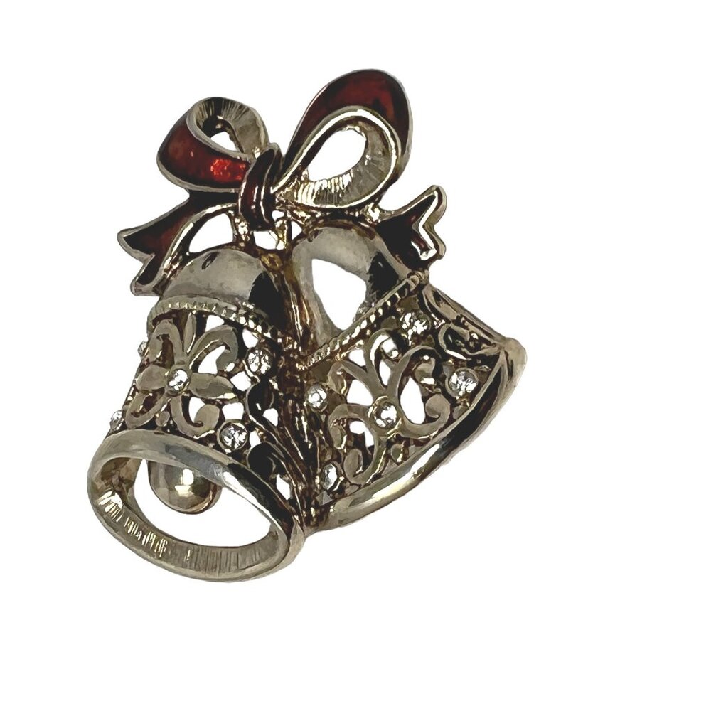 Bell Brooch Gold Tone Red Enamel Ribbon Clear Rhinestone Pin